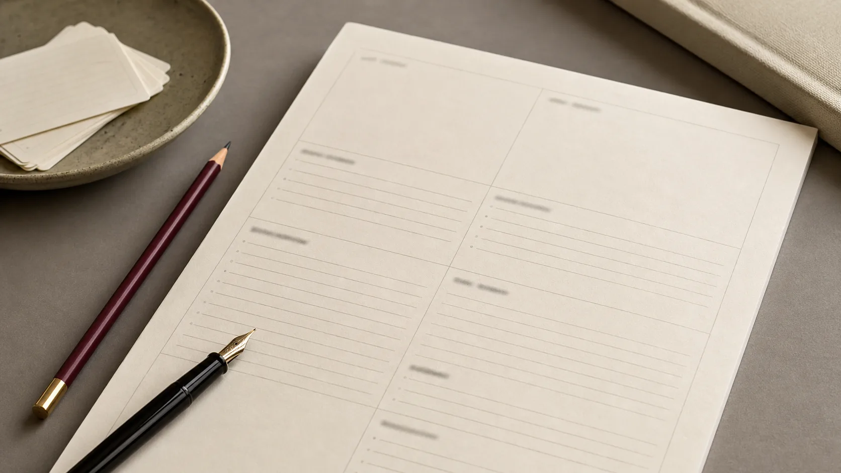 A printed worksheet on a desk with annotations, pencils, and warm neutral paper.
