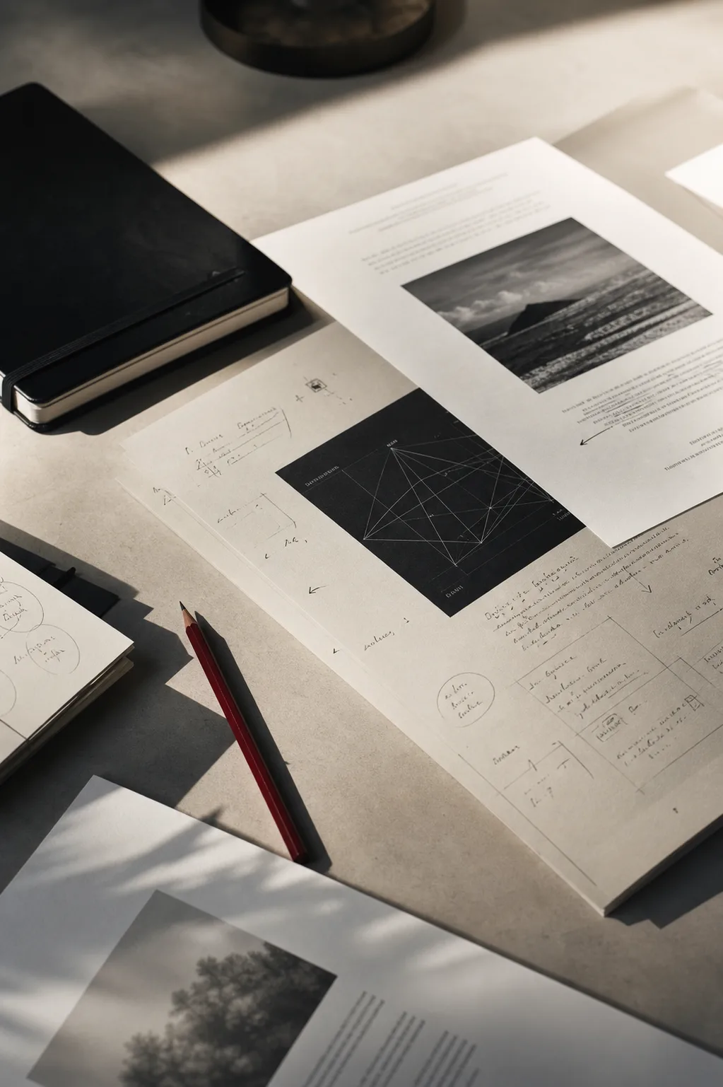 An editorial desk with printed strategy notes, margin marks, and a warm desk lamp.