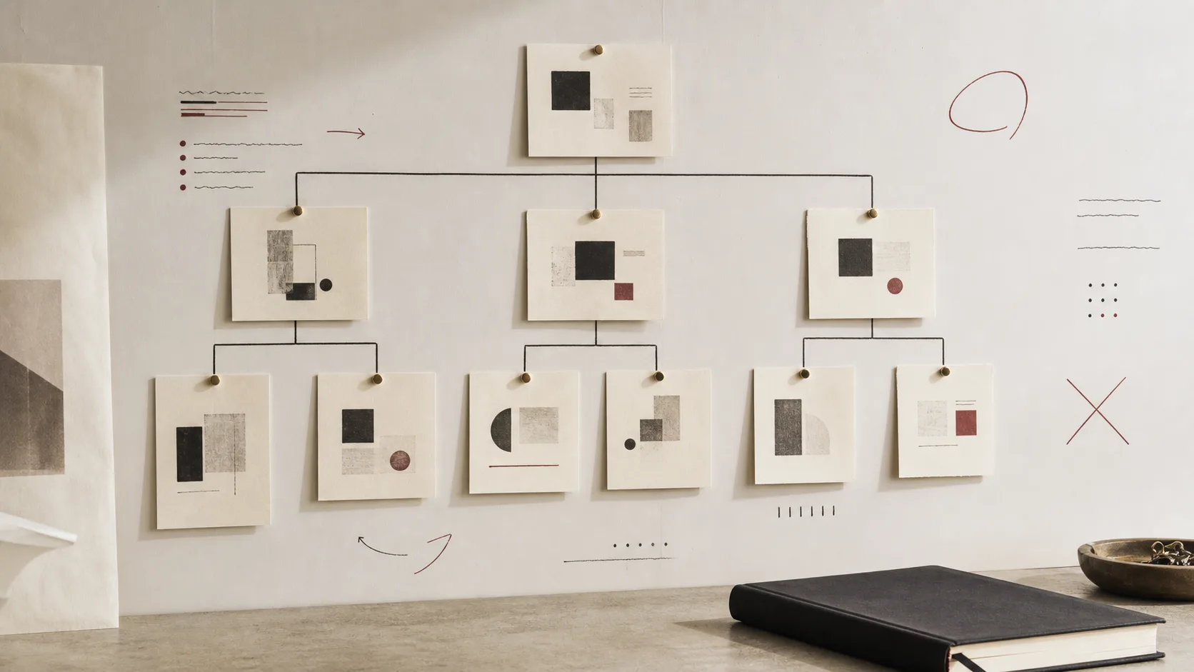 A wall of notes organizing a company into category, buyer pressure, proof, and language.