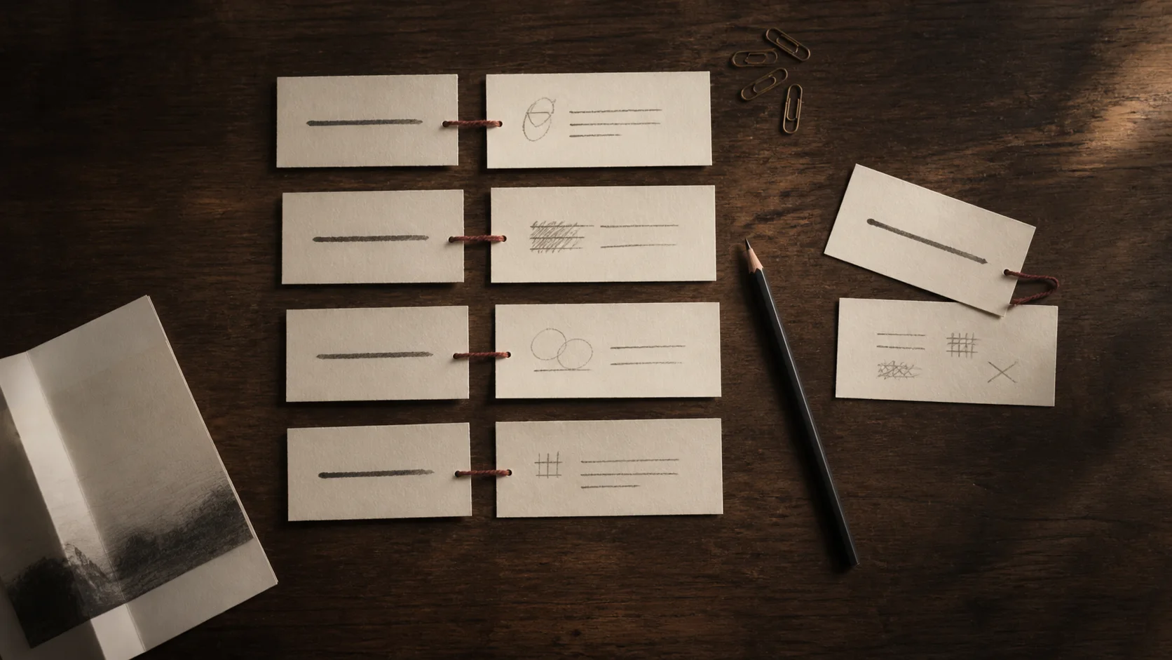 Paper cards pairing marketing claims with evidence on a warm editorial desk.