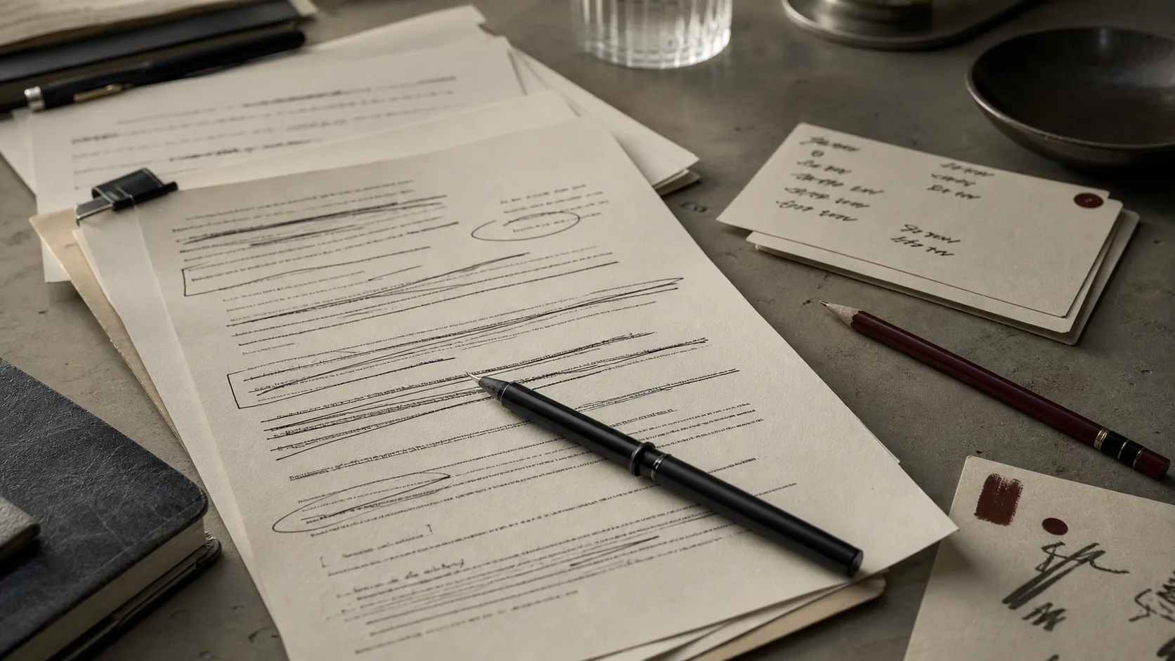 A marked-up manuscript with circled phrases, replacement words, and warm editorial materials on a desk.